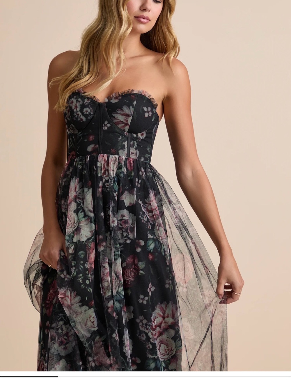 Lulus Black Floral Strapless Mesh Evening Dress